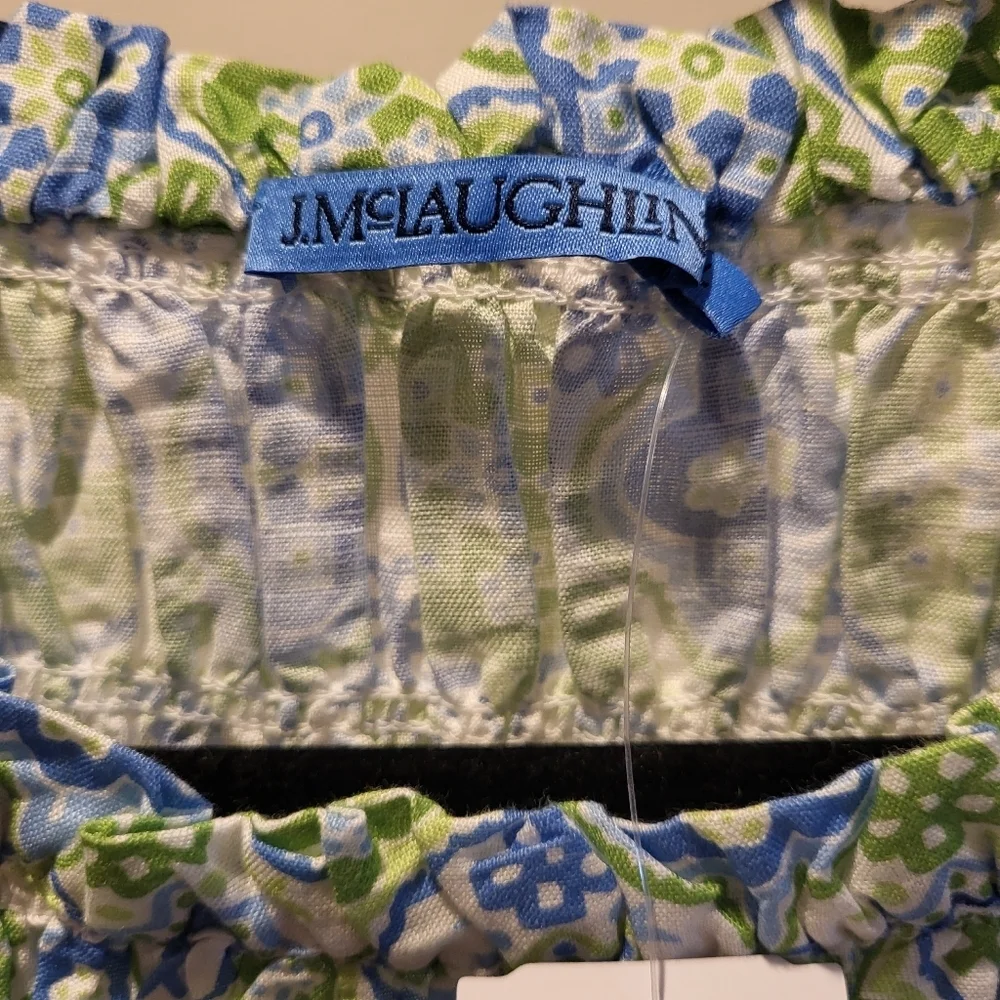 J. McLaughlin Ciri Smocked Maxi Dress Linen Cotton Seaside Tile Blue Green Sz XL - Picture 6 of 8